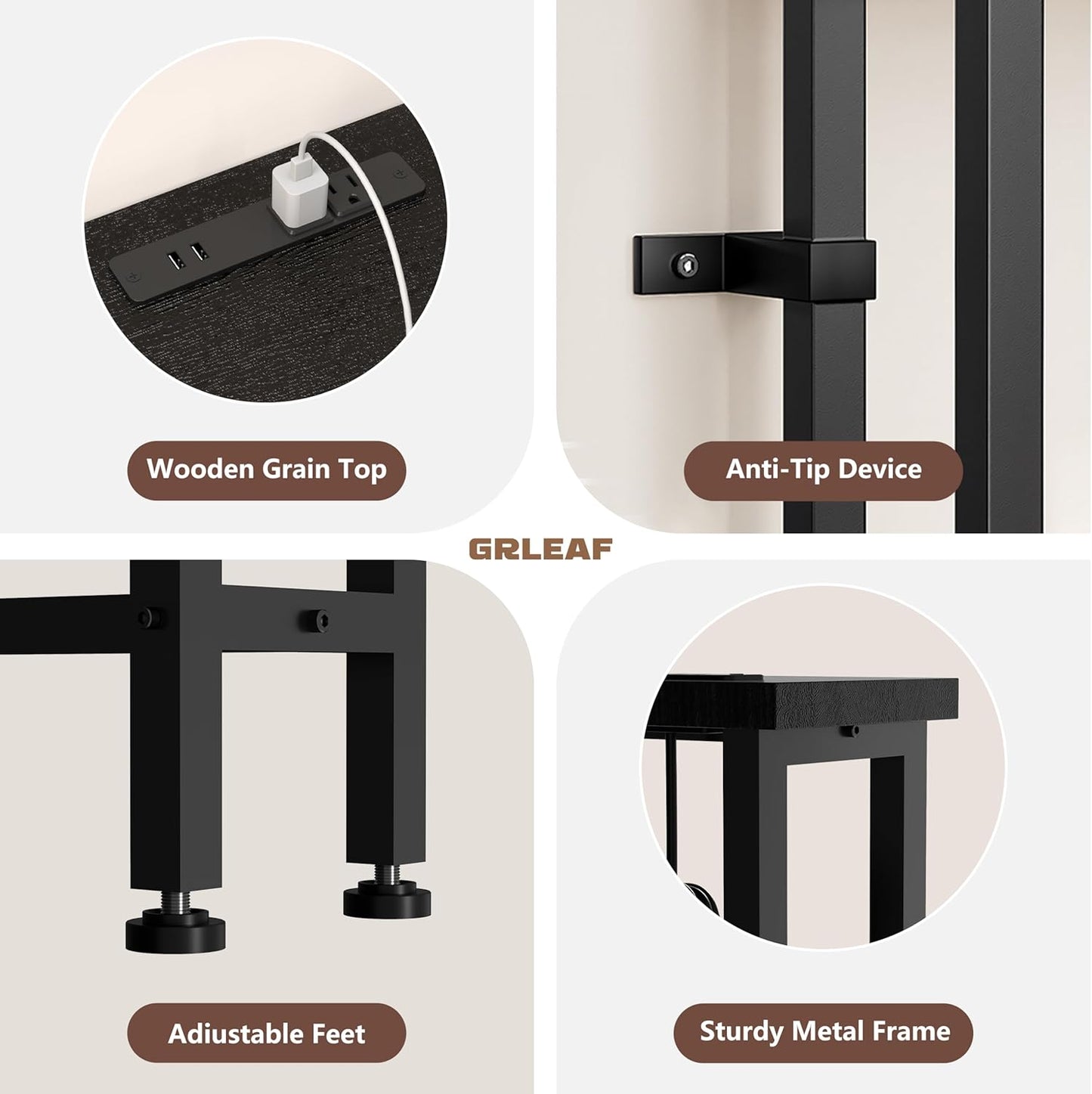 GRLEAF 63" Narrow Console Sofa Table with Built-in Power Strip (4 AC Outlets & 4 USB Ports) – 4.9ft Power Cord, Metal Frame, Easy Assembly, Ideal for Behind Couch, Hallway, and Home Office | Black