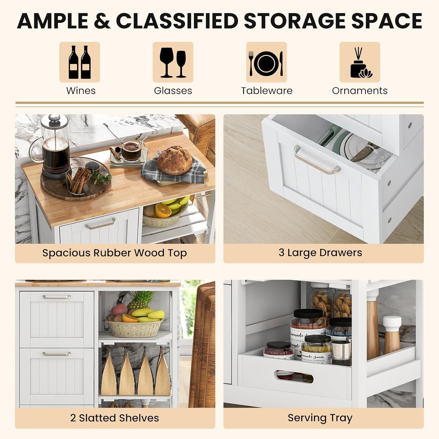 COSTWAY Kitchen Storage Island Cart on Wheels, Kitchen Rolling Trolley Cart with 3 Drawers and Shelves, 360° Wheels & Detachable Tray, Kitchen Island for Dining Room, Living Room & Bedroom