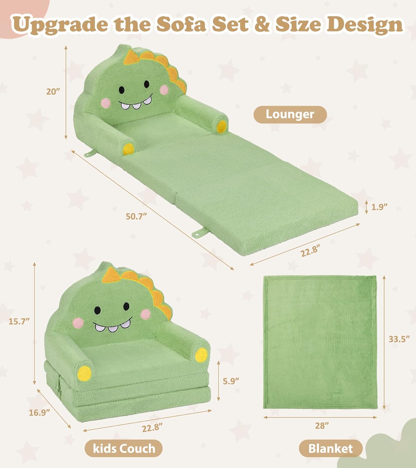 Kids Couch, 2-in-1 Soft Toddler Couch Fold Out with Blanket, Chair Comfy, Foldable Convertible Plush Sofa to Lounger, Gifts for Kids Girl Boys, Dinosaur