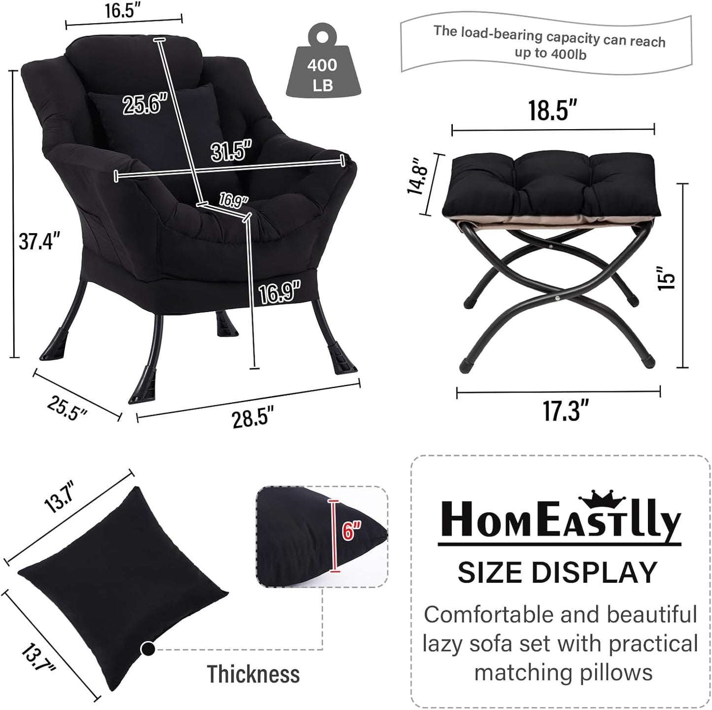 Lazy Chair with Ottoman, Modern Lounge Accent Chair with Armrests and a Throw Pillow, Leisure Sofa Chair Set, Reading Chair with Footrest for Living Room, Bedroom, Dorm Room, Midnight Black