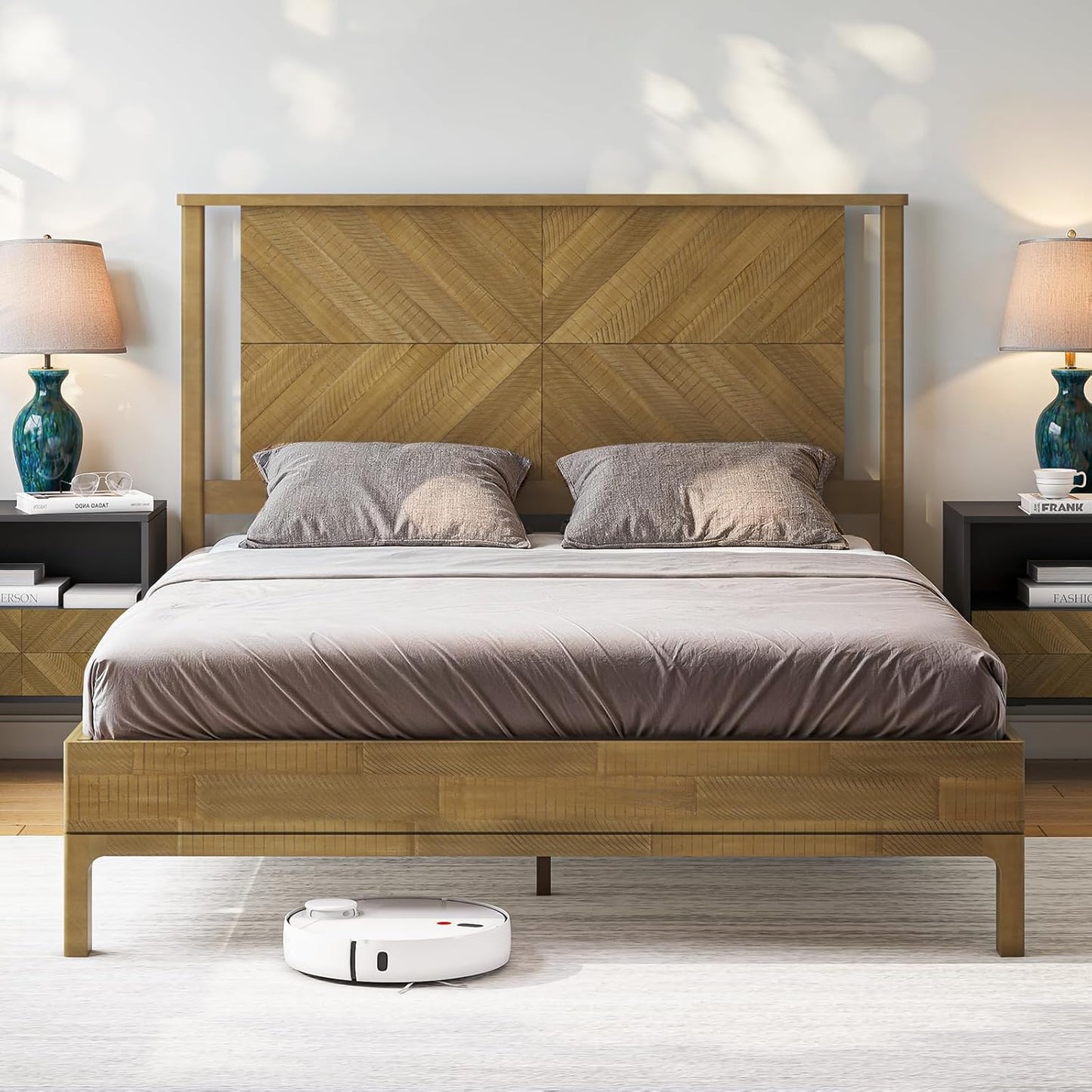 Bme Vivian 14 Inch Deluxe Bed Frame with Headboard, Rustic & Scandinavian Style with Solid Acacia Wood, No Box Spring Needed, 12 Strong Wood Slat Support, Easy Assembly, Queen, Rustic Seadrift