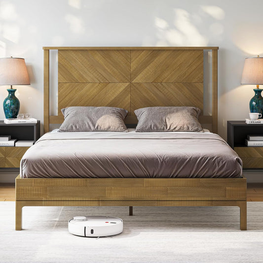 Bme Vivian 14 Inch Deluxe Bed Frame with Headboard, Rustic & Scandinavian Style with Solid Acacia Wood, No Box Spring Needed, 12 Strong Wood Slat Support, Easy Assembly, Queen, Rustic Seadrift