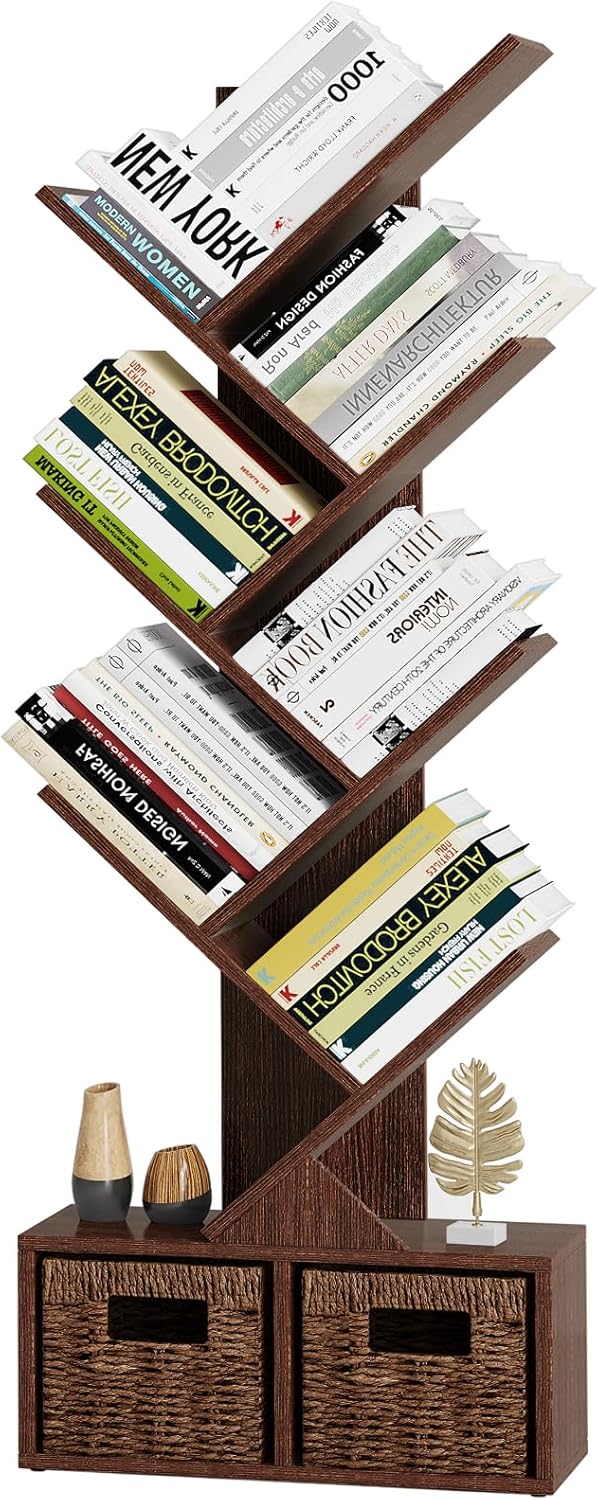 Vagusicc Tree Bookshelf, 6 Tier Bookshelf with Storage, Tall Narrow Bookcase, Rustic Wood Book Storage Rack for CDs/Books, Small Book Organizer Shelves for Bedroom Living Room, Home Office, Brown