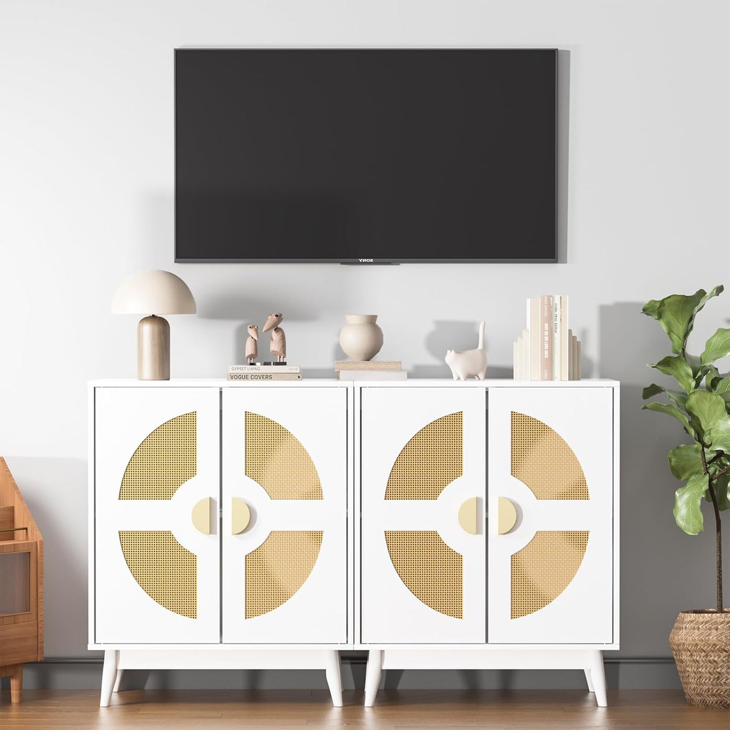 Buffet Cabinet White with Storage, Kitchen Sideboard with Doors & Shelves, Rattan Accent Buffet Console Walnut Media Console Mid Century Coffee Bar Table for Living Room Kitchen Dining Room