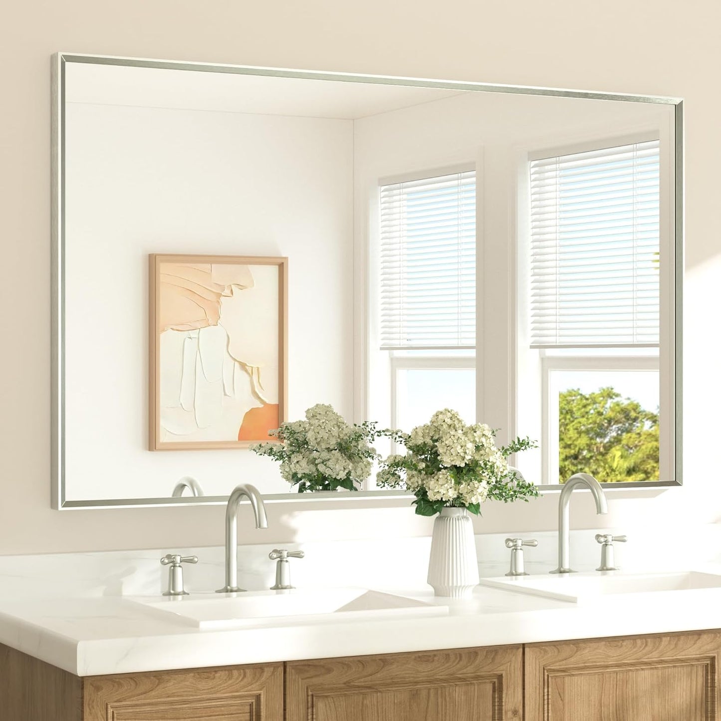 TETOTE Brushed Nickel Vanity Mirror for Bathroom 60" x 36" Beveled Frame Rectangle Bathroom Mirror for Over Sink Brushed Nickel, Tempered Glass, Stronger Frame, Modern Farmhouse Bedroom, Entryway