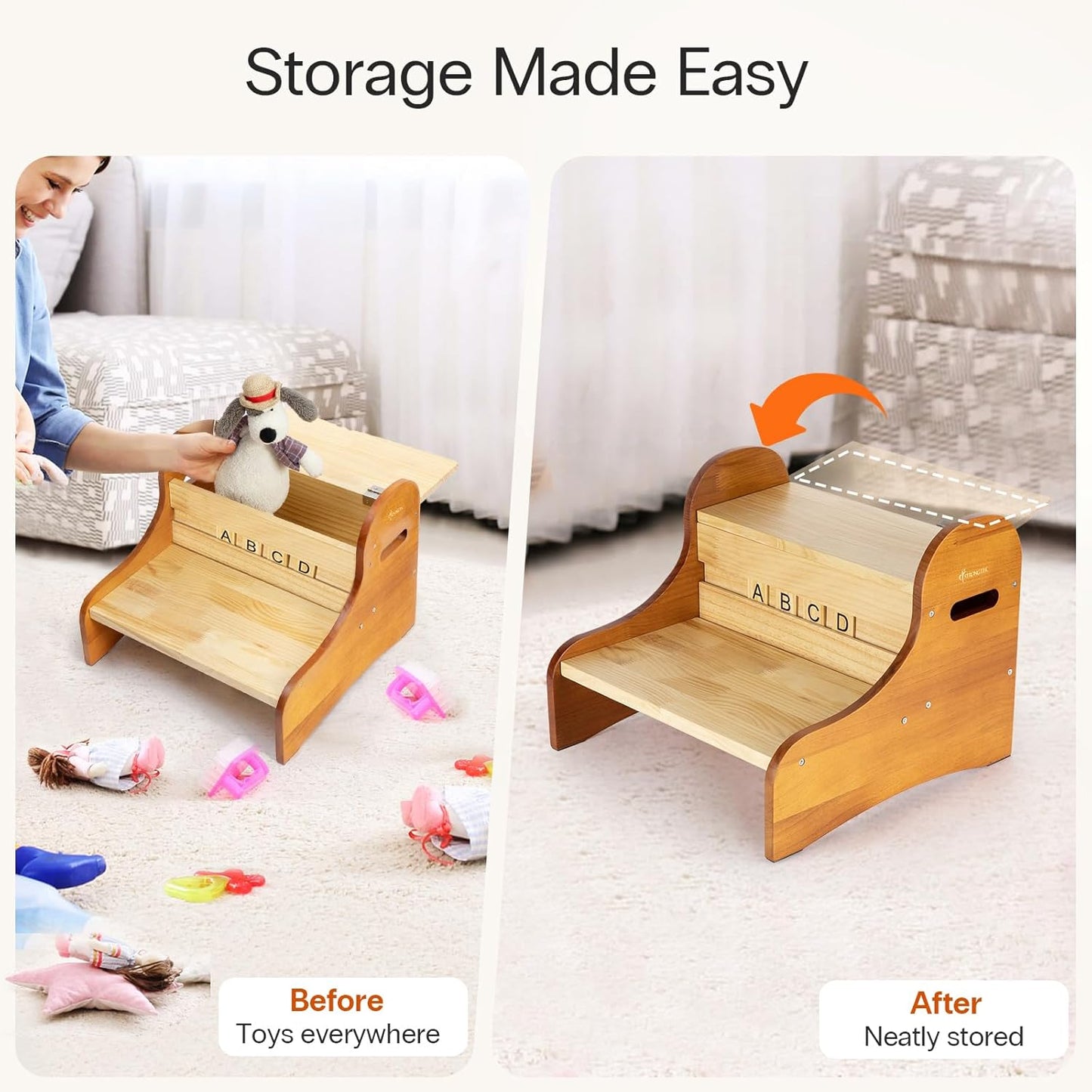 StrongTek Toddler Step Stool with 28 Alphabet Blocks – 2-Step Wooden Stool with Storage, Non-Slip, DIY Name & Drawing on Block Backs for Kids, Ideal for Bathroom, Kitchen & Bedside