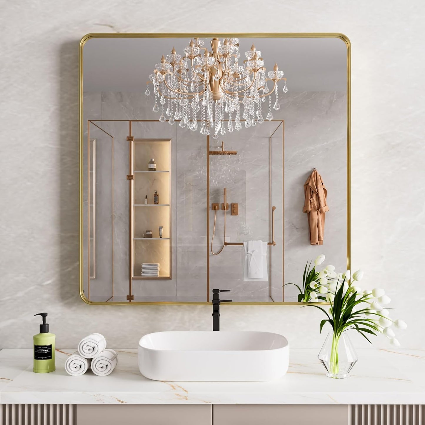 Gold Bathroom Mirror, 36x36 Inch Brushed Gold Metal Frame Mirror for Wall, Rounded Rectangle Bathroom Vanity Mirror, Tempered Glass, Anti-Rust, Horizontal/Vertical