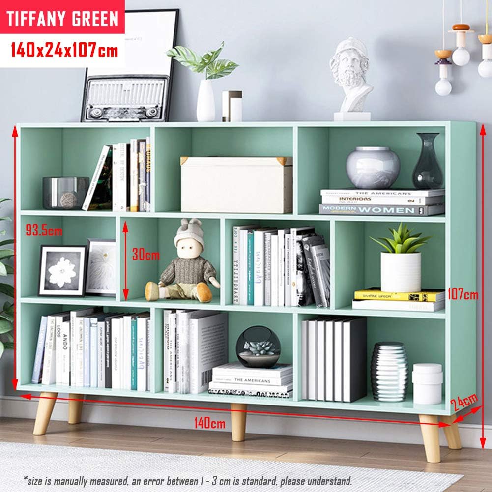 IOTXY Wooden Open Shelf Bookcase - 3-Tier Floor Standing Display Cabinet Rack with Legs, 10 Cubes Kids Bookshelf, Tiffany-Green