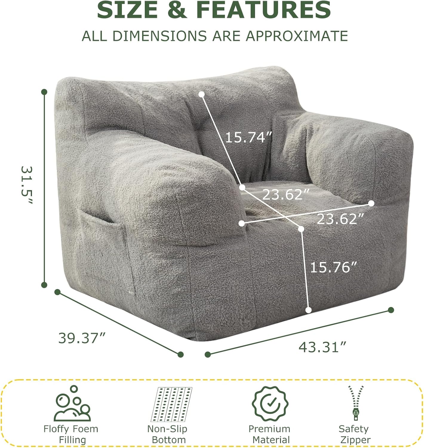 HIGOGOGO Giant Bean Bag Chairs for Adults,Big Comfy Chair Sofa for Bedroom Living Room, Large Lazy Bean Bag Chair with Pocket Armrests for Gaming, Reading