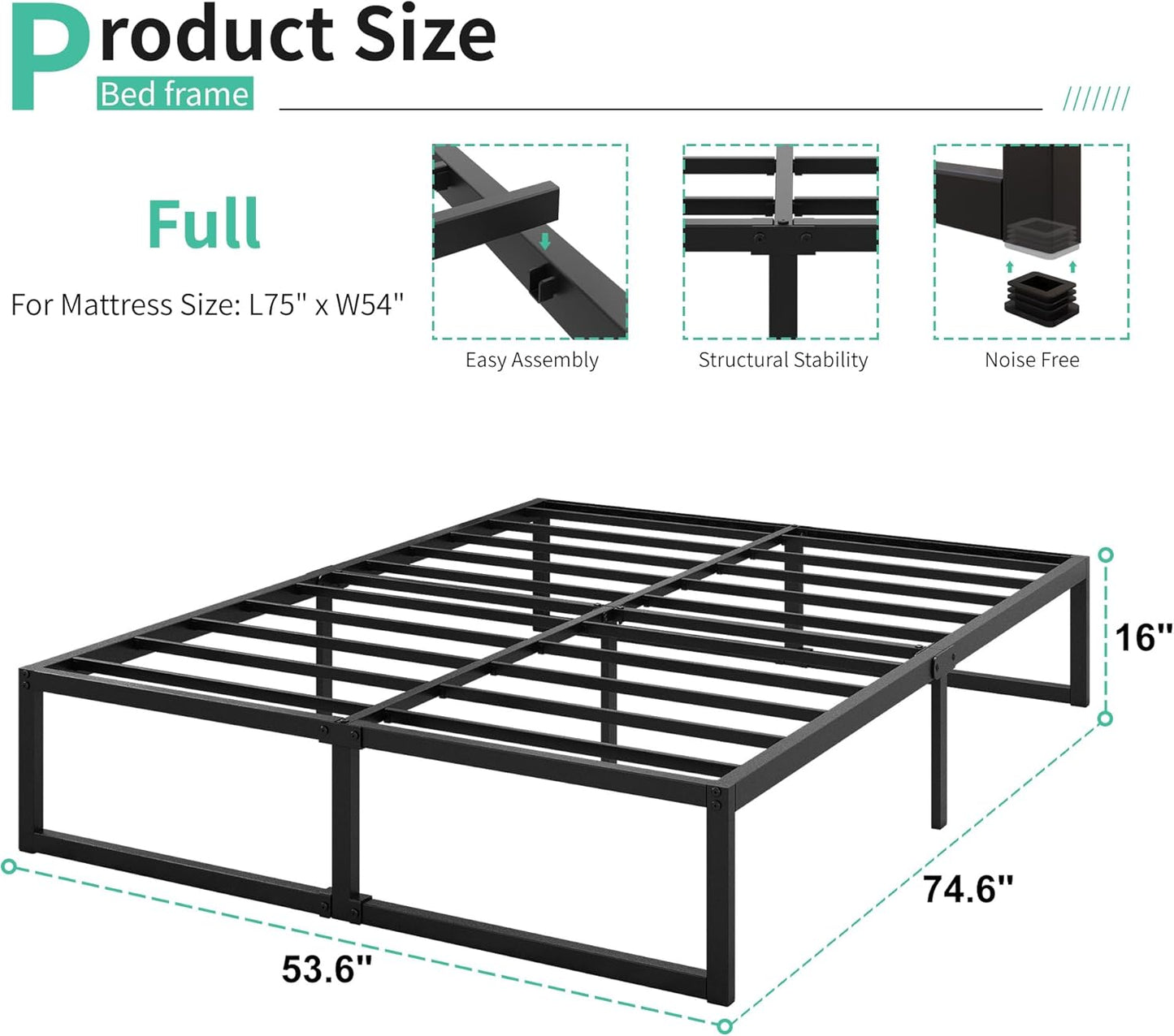 16 Inch Full Size Bed Frame No Box Spring Needed, Heavy Duty Metal Platform Beds with Sturdy Steal Slats for Mattress Foundation, Easy Assembly, Noise Free, Black
