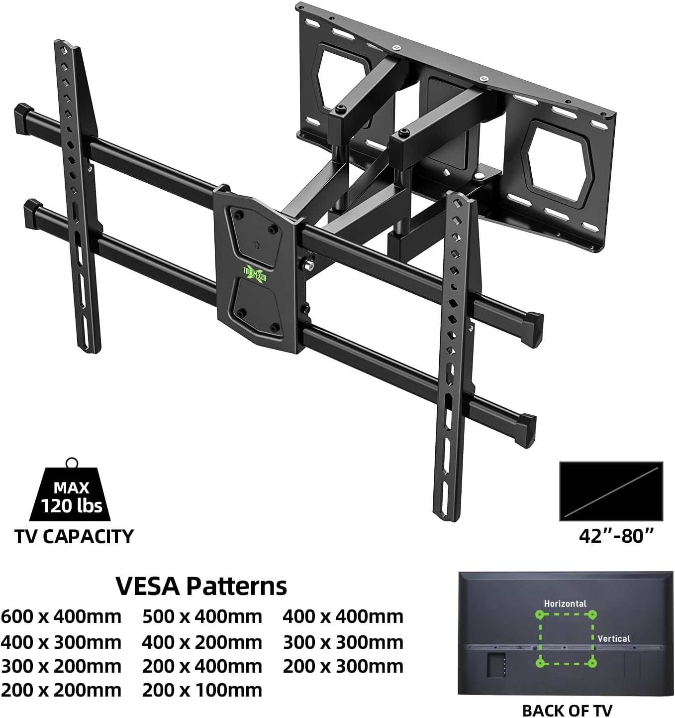 USX MOUNT Full Motion TV Wall Mount for 42-80 Inch TVs up to 120lbs, TV Bracket with Articulating Swivel Tilt Extension Leveling, Television Mount for Max VESA 600x400mm Fits 12/16" Wood Stud