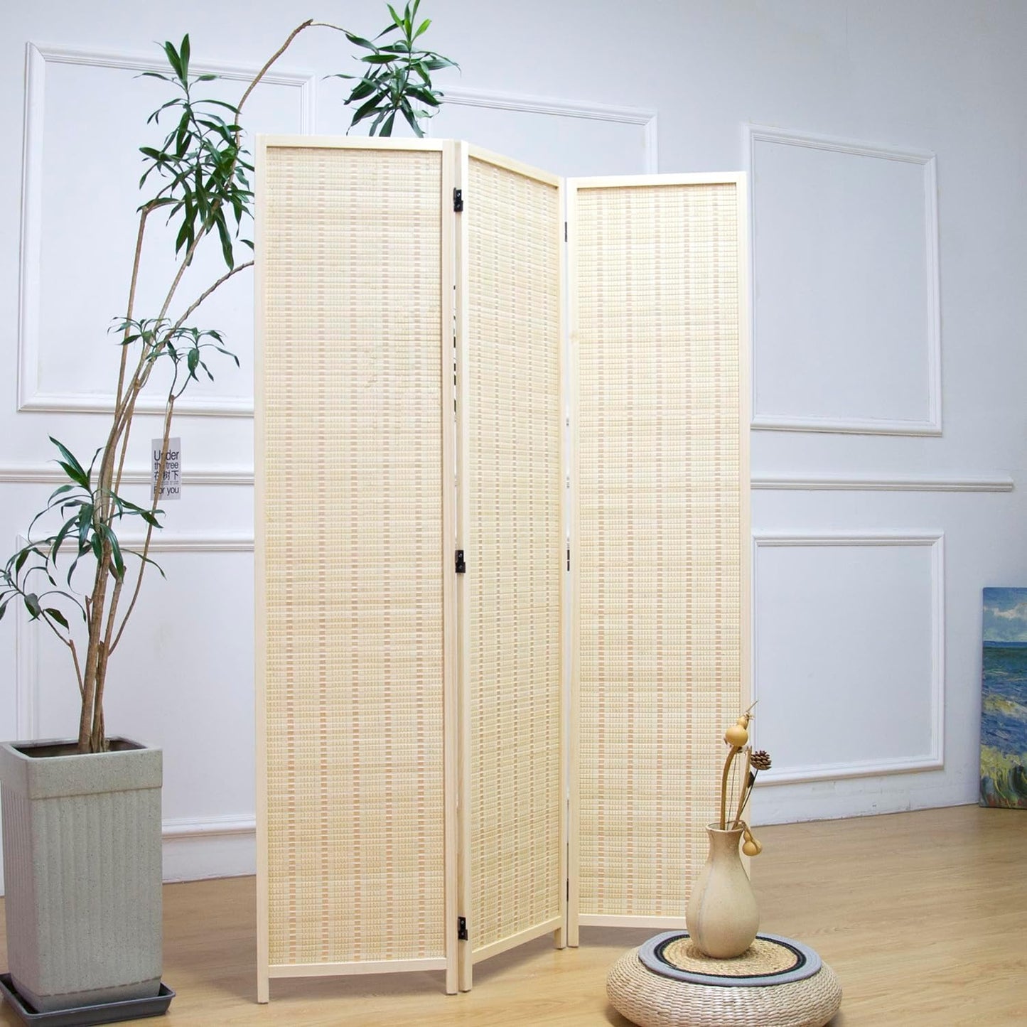 3 Panel Room Divider and Folding Panel Screen,Bamboo Panel Divider Screen for Room Separation,Beige,67" H x 46" W