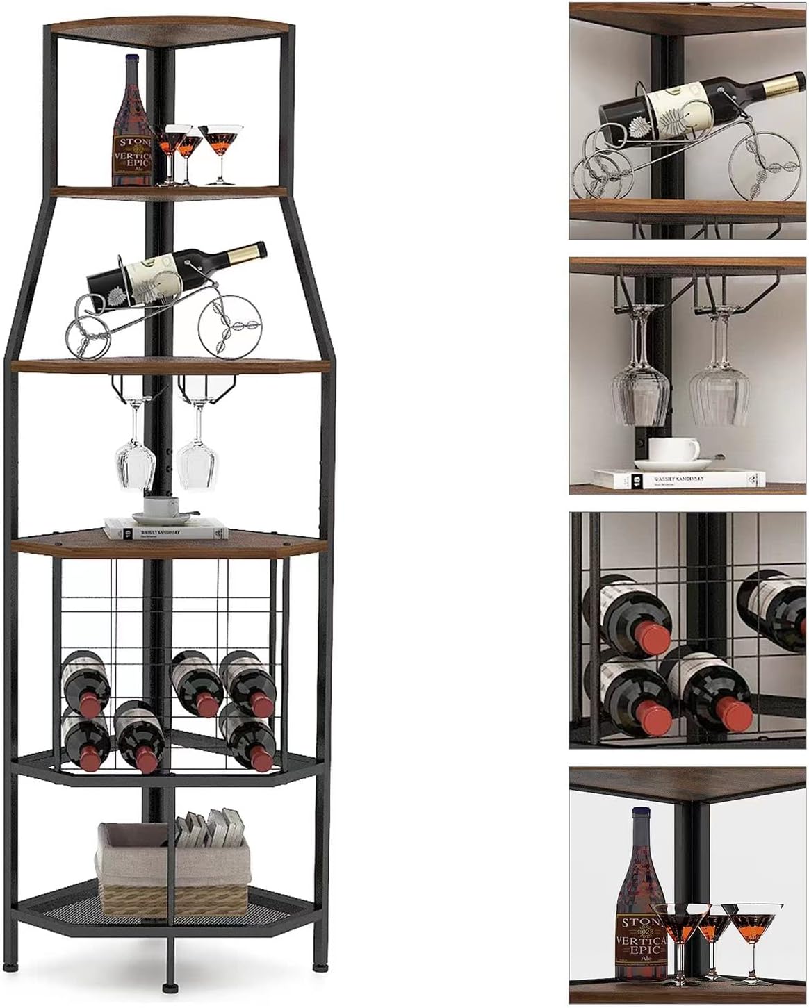 5-Tier Corner Wine Rack Floorstanding with Glass Holder and Bottles Wine Storage Home Bar Furniture for Home Kitchen Dining Room Industrial Metal and Wooden Corner Shelf