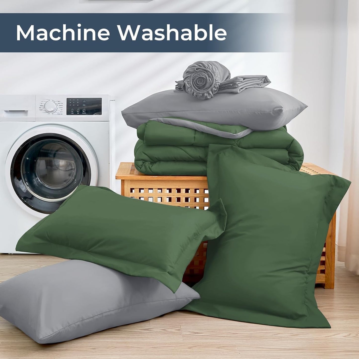 HEVUMYI Cali-King Comforter Set - 7-Piece All Season Bed in a Bag Cali-King, Ultra Soft Bedding Set with Comforter, Flat Sheet, Fitted Sheet, Pillowcases, Pillow Shams, Green & Light Grey