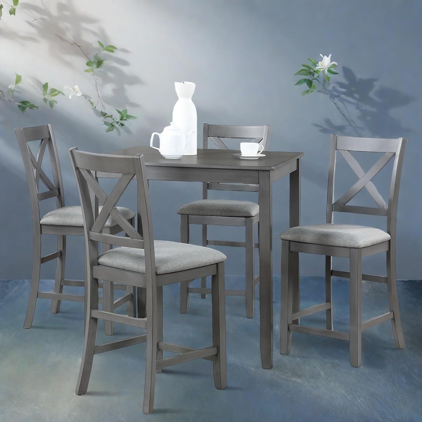 Dining Table Set for 4, Modern 5 Piece Dining Room Table Set with Square Table & 4 X-Shaped Backrest Upholstered Chairs, Counter Height Kitchen Chairs Set for Small Space, Gray