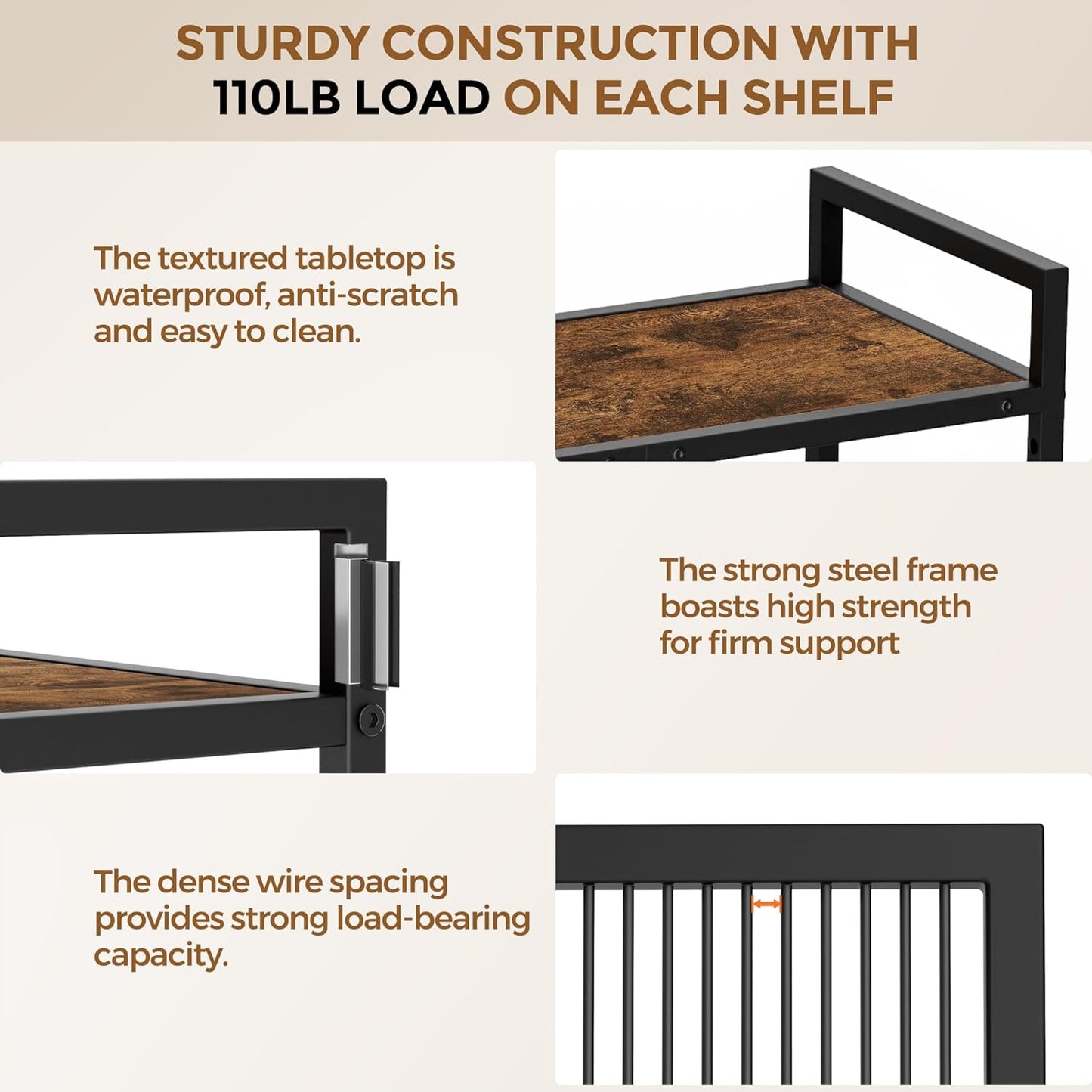 3-Tier Metal Storage Rack with Industrial Wheels,Mesh Shelving Unit with Wooden Table top,Adjustable Shelf,31.5-Inch Width, for Kitchen, Laundry,Pantry,Plant,Black panel and black frame