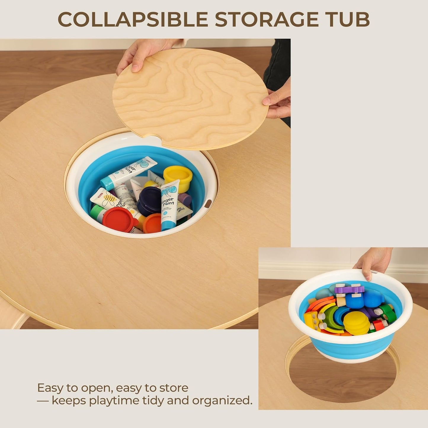 Kid Round Table and 4 Chairs Set with Storage Tub, Wooden Toddler Table Chair for Arts, Crafts, Eating, Learning, Kid Play and Activity Table for Home, Daycare or Playroom