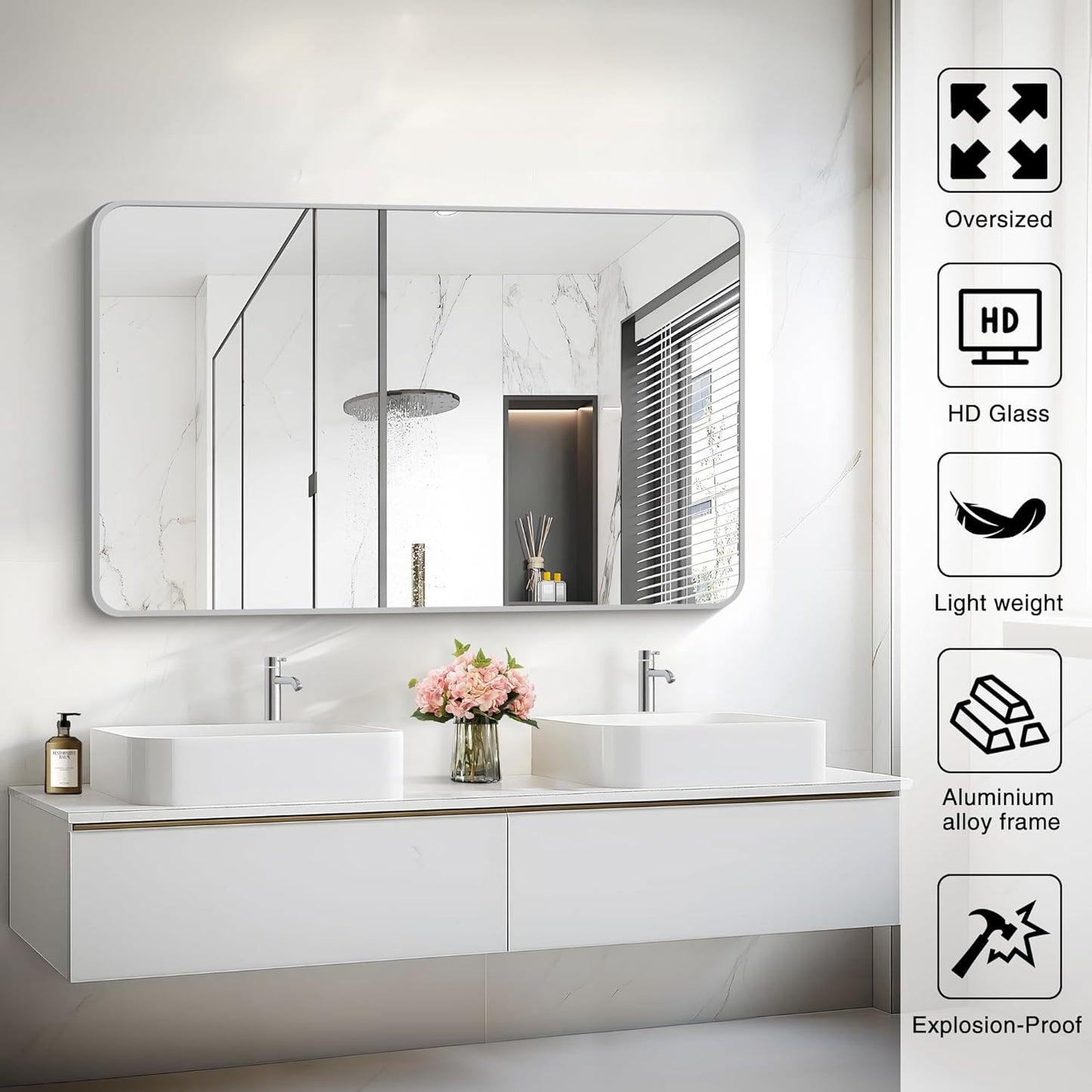 48x30 Inch Silver Bathroom Mirror, Metal Framed Silver Rectangle Mirrors, Rounded Rectangular Vanity Mirror, Wall Mounted Mirrors for Living Room Bedroom Entryway Hangs Horizontal or Vertical