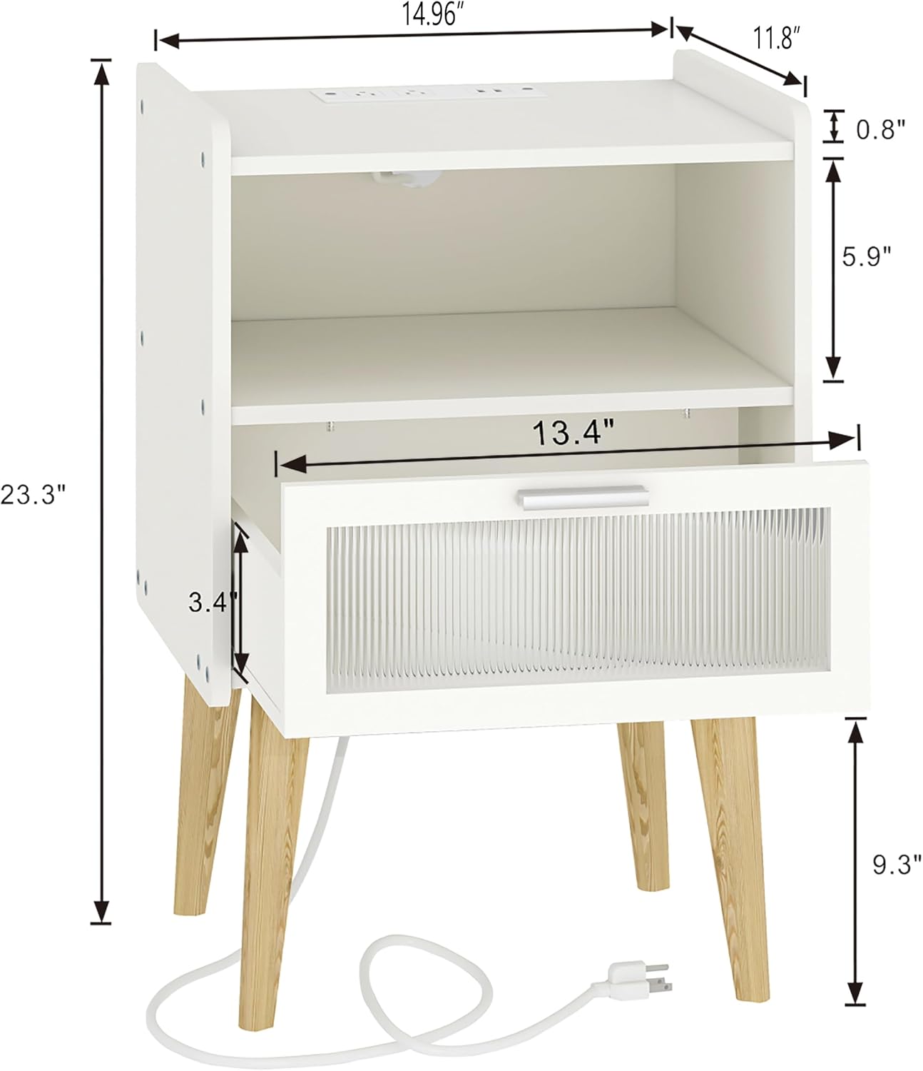 Nightstand with Charging Station, Bedside Tables with Glass Decorative Door, End Table Side Table with 2 Tiers Storage Space, for Bedroom, Living Room, White CAMLBZ07WE