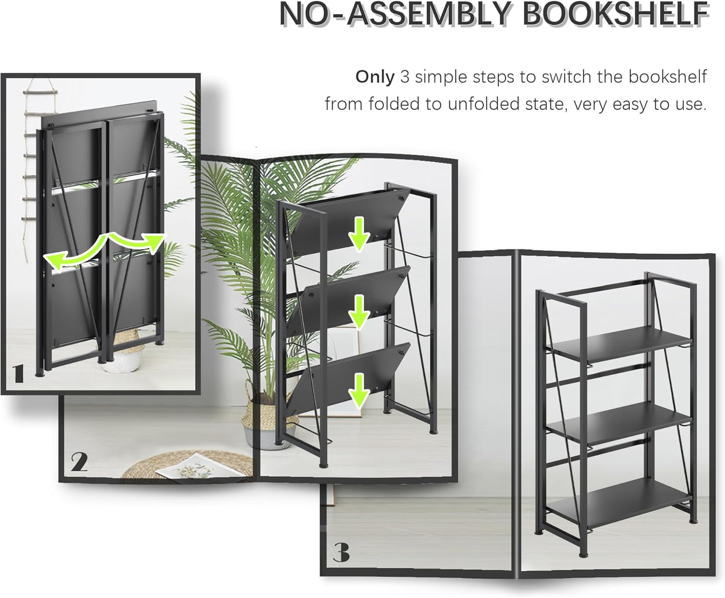 4NM No-Assembly Folding Bookshelf Storage Shelves 3 Tiers Vintage Bookcase Standing Racks Study Organizer Home Office (All Black)