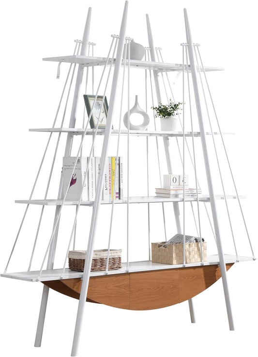 4 Tier Modern Boat-Shaped Bookshelf with Drawer, White & Brown, 84.3" Tall Vertical Ladder Shelf for Storage Display Decoration, Sturdy MDF & Metal Industrial Frame, for Living Room