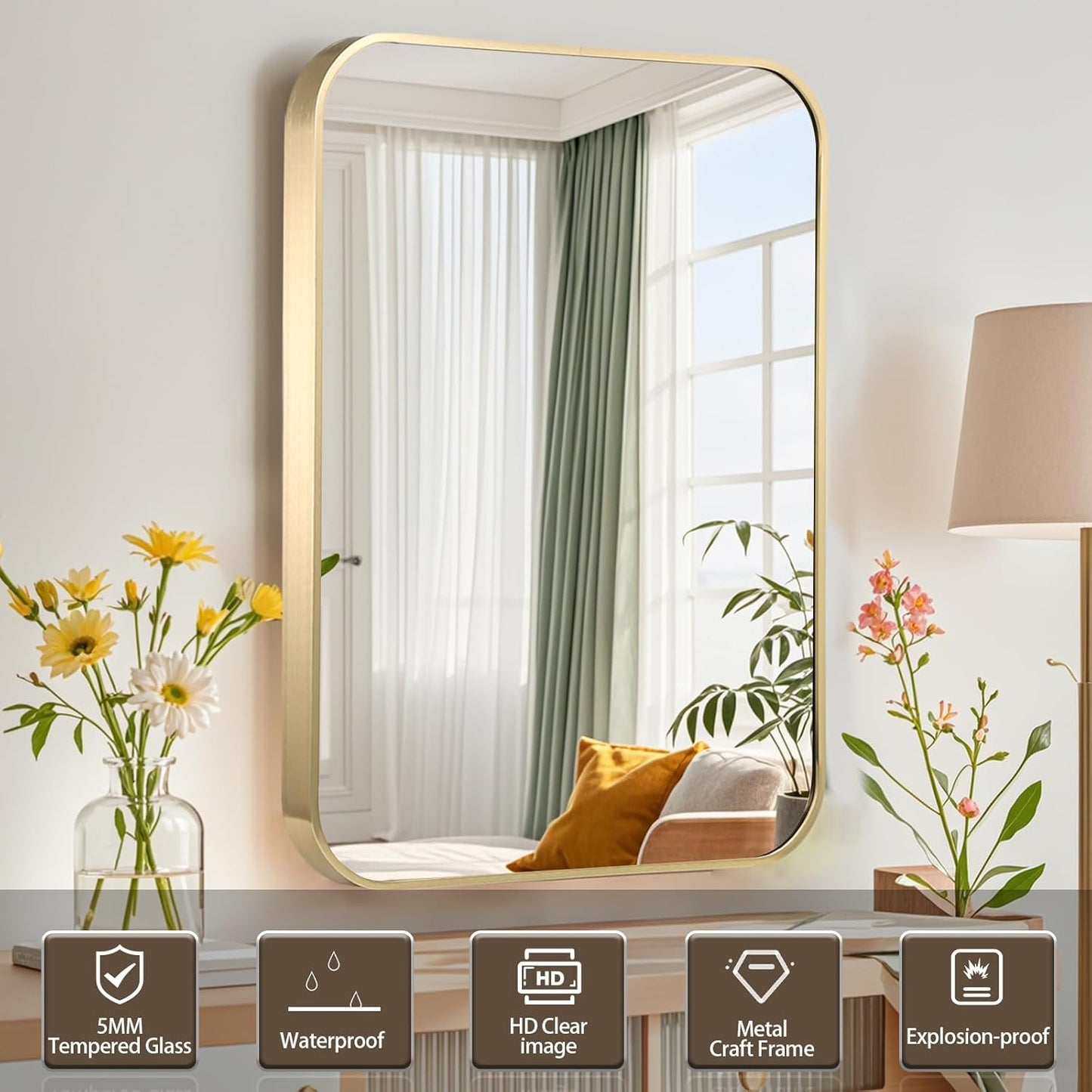 Gold Bathroom Mirror, 20x28 Inch Brushed Gold Mirror, Aluminum Alloy Framed Vanity Mirror, Rounded Rectangle Mirror for Over Sink, Anti-Rust Wall Mirror (Horizontally or Vertically)