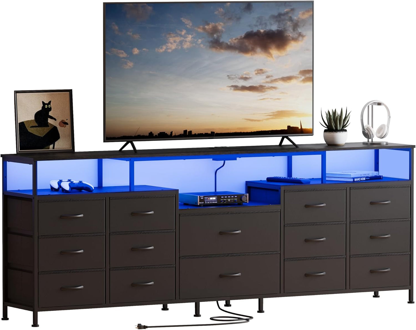 70.9" W Large TV Stand for 65/75/80 inchs TVs,14 Drawer Long Dresser with Charging Station and LED Lights,Entertainment Center with Storage for Living Room (Black, 70.9" W)
