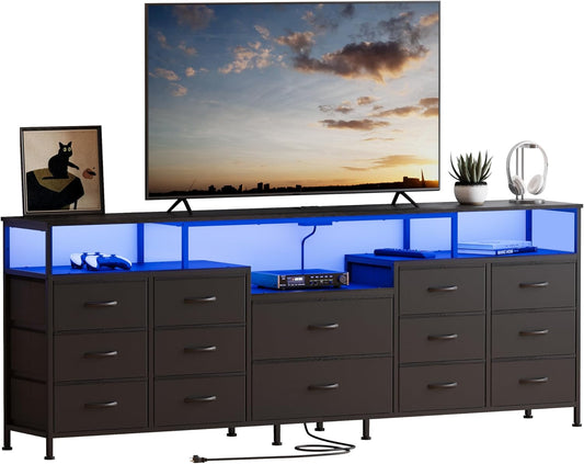 70.9" W Large TV Stand for 65/75/80 inchs TVs,14 Drawer Long Dresser with Charging Station and LED Lights,Entertainment Center with Storage for Living Room (Black, 70.9" W)