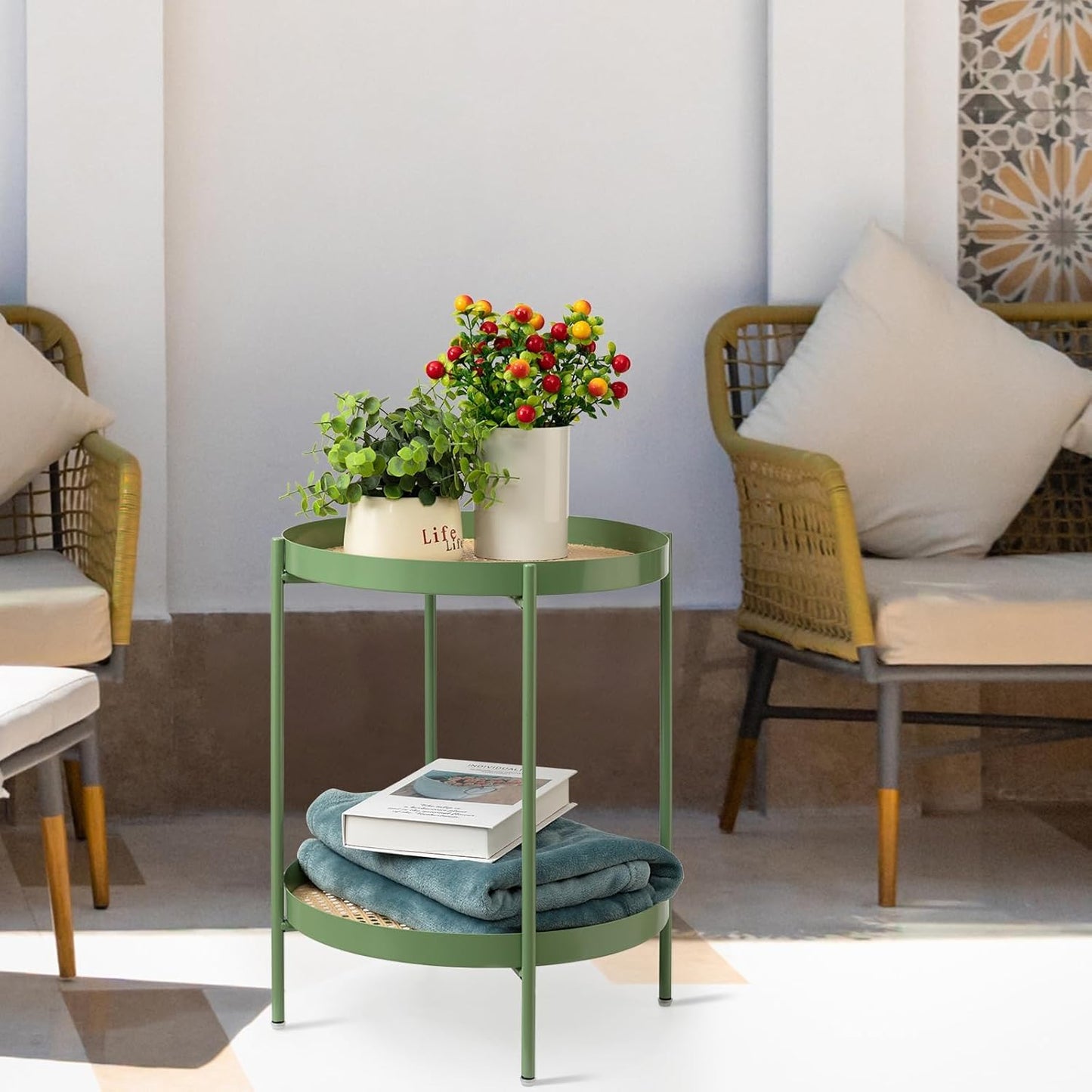 TeoKJ All Metal Side Table, 2 Tier Anti Rust End Table with Imitation Rattan Pattern on Removable Trays, Round Table for Living Room, Small Nightstand for Bedroom 20.47 Inch x 16.54 Inch Green