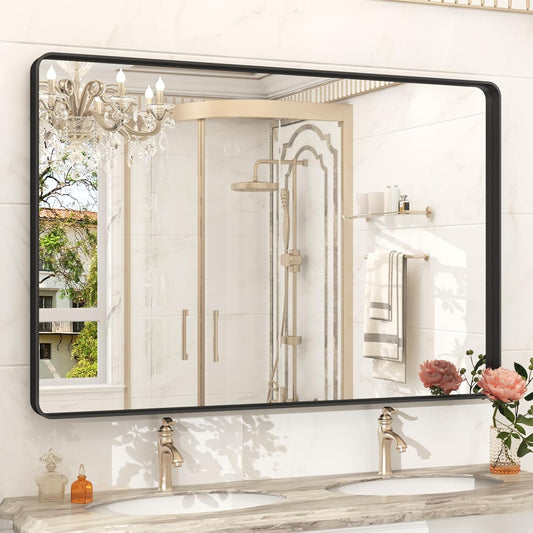 48x32 Inch Black Framed Bathroom Mirror for Wall, Matte Metal Framed Wall Mirror, Rounded Corner Rectangle Bathroom Vanity Mirror, Anti-Rust, Shatterproof (Horizontal/Vertical)