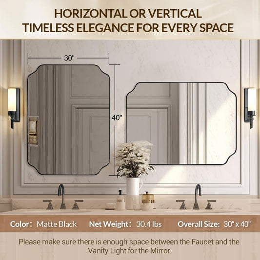 30"x40" Large Bathroom Mirror, Matte Black Scalloped Mirror for Bathroom, Black Irregular Wall Mirror, Unique Shape Design with Superior Stainless Steel Frame, Weigh 30.5Lb