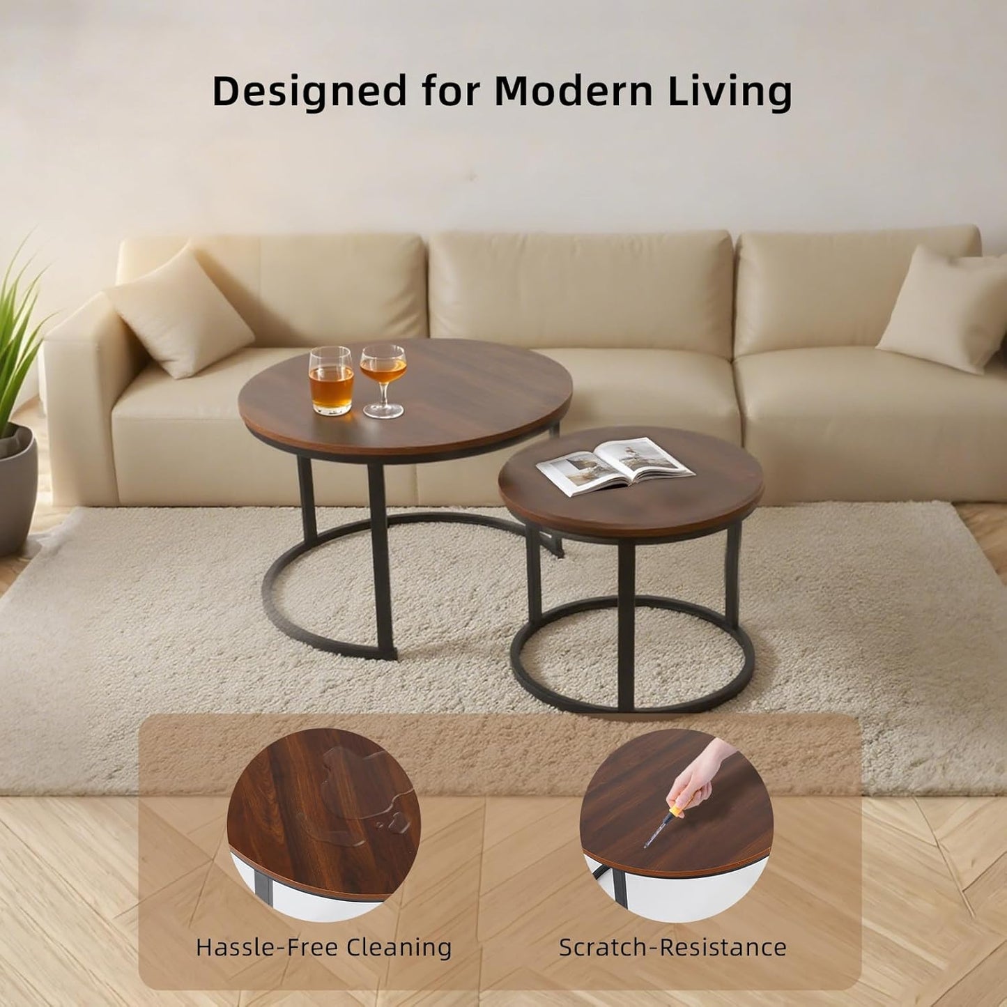 FAHKNS Nesting Coffee Table Set of 2, 27.56" & 19.68" Round Simple Industrial Side Tables for Living Room with Wood Top & Metal Base, Space-Saving Furniture for Small Spaces