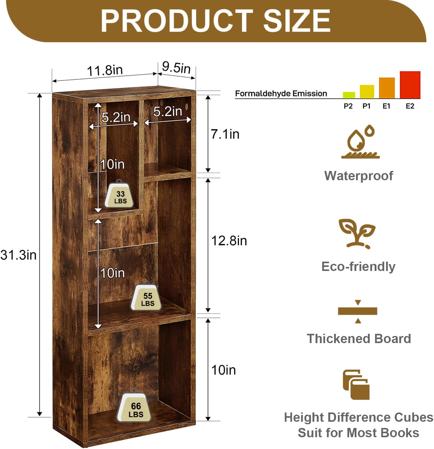 VECELO Small Bookshelf, 4 Cube Slim Bookcase, Fits Tallest Hardcovers, Horizontal Available, Modern Floor Standing Unit, Each Shelf Hold Up to 66 LBS, Vintage Brown