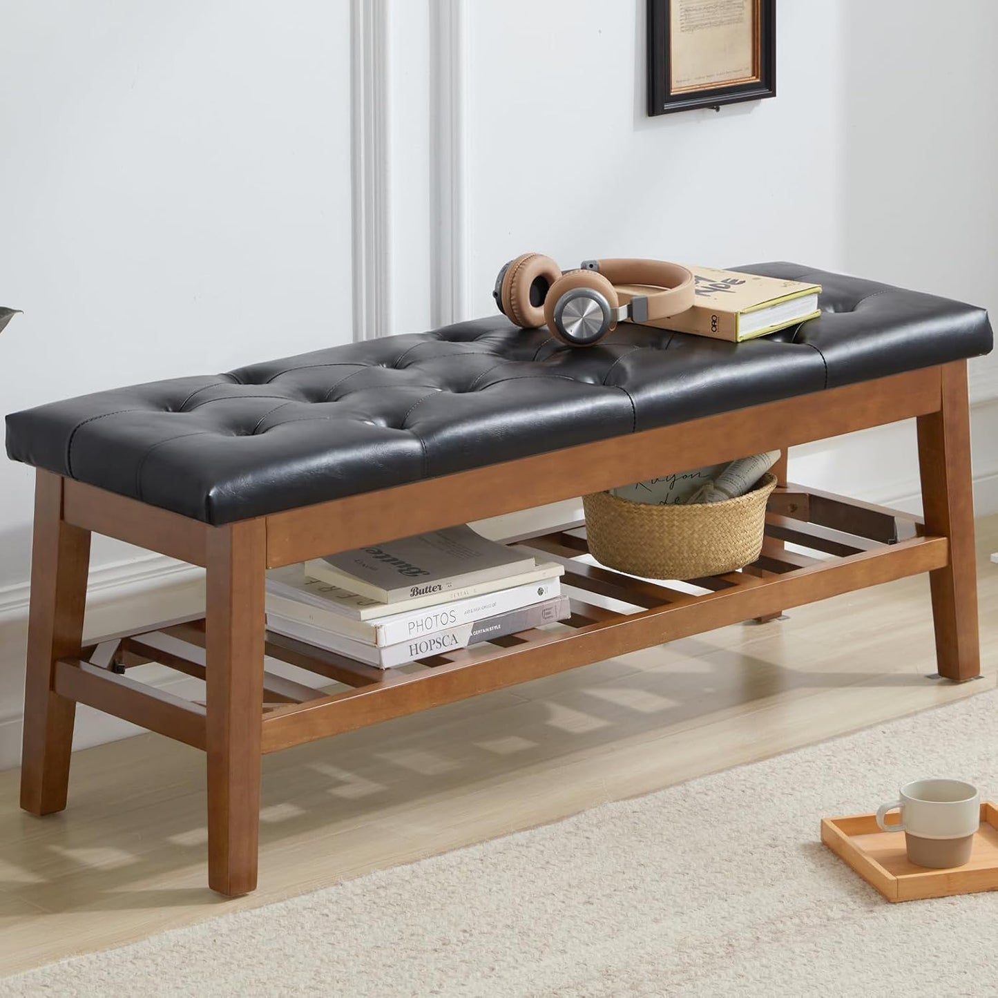 Upholstered Shoe Bench Entryway Bench for Bedroom, End of Bed, Ottoman Bench Tufted Padded Seat with Solid Wood Shelf for Living Room, Faux Leather Black