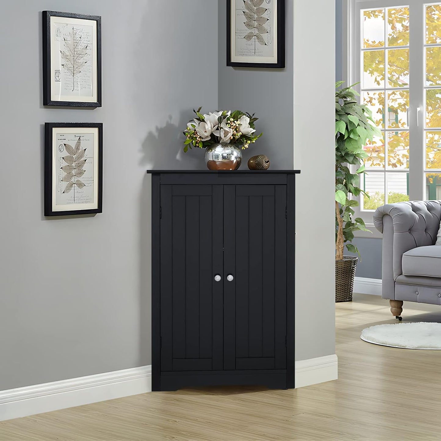 Iwell Corner Cabinet, Corner Bathroom Cabinet with 2 Doors & Adjustable Shelves, for Bathroom, Living Room, Kitchen, Black