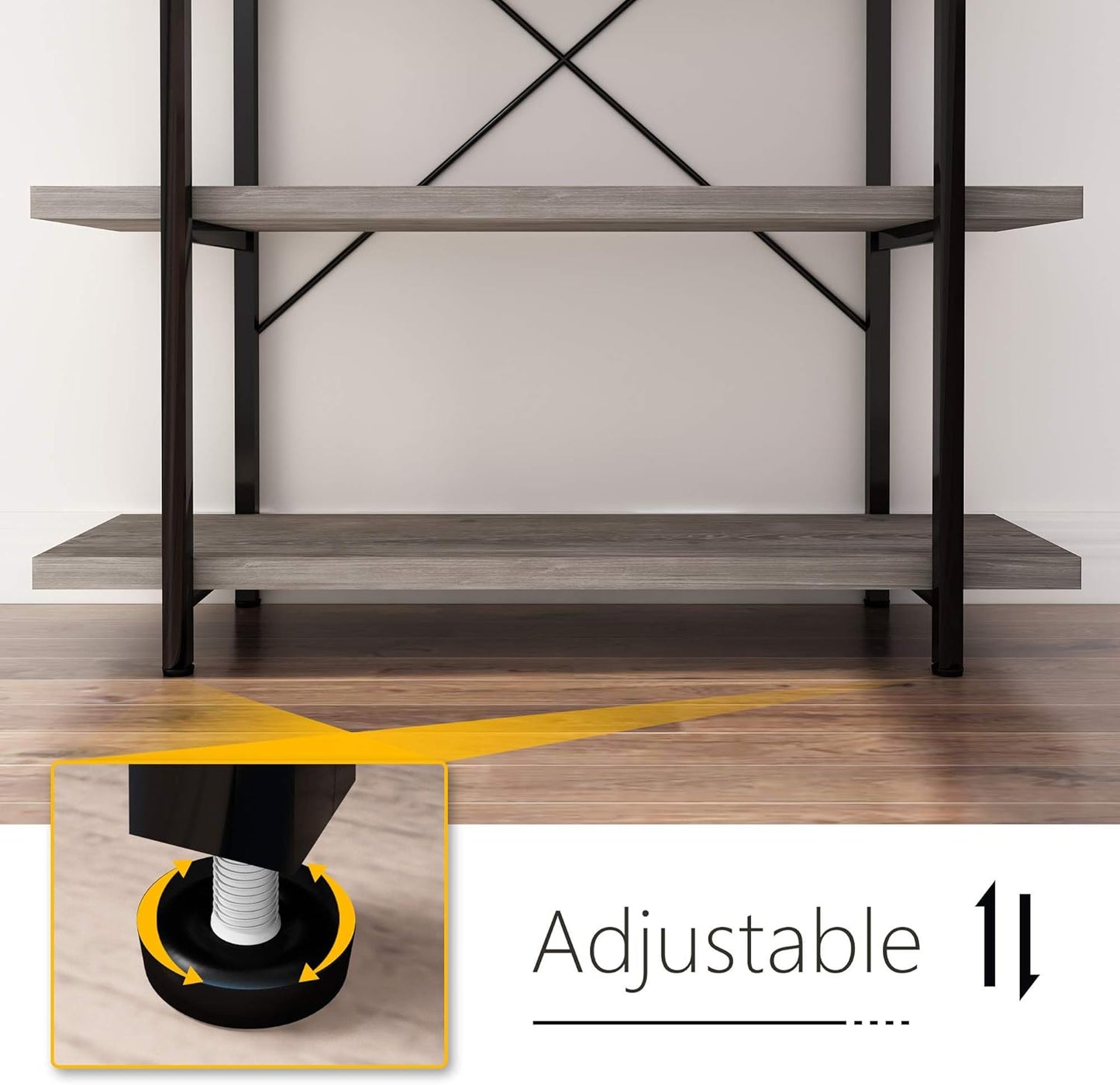 45MinST 3-Tier Vintage Industrial Style Bookcase/Metal and Wood Bookshelf Furniture for Collection，Gray Oak, 3/4/5 Tier (3-Tier)