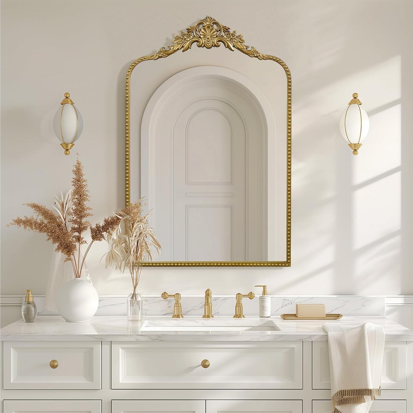 G-LEAF Vintage Baroque Mirror 24"X36",Arched Mantel Victorian Antique Farmhouse Mirror with Gold Ornate Metal Frame for Fireplace Entryway Living Room Hallway Bathroom