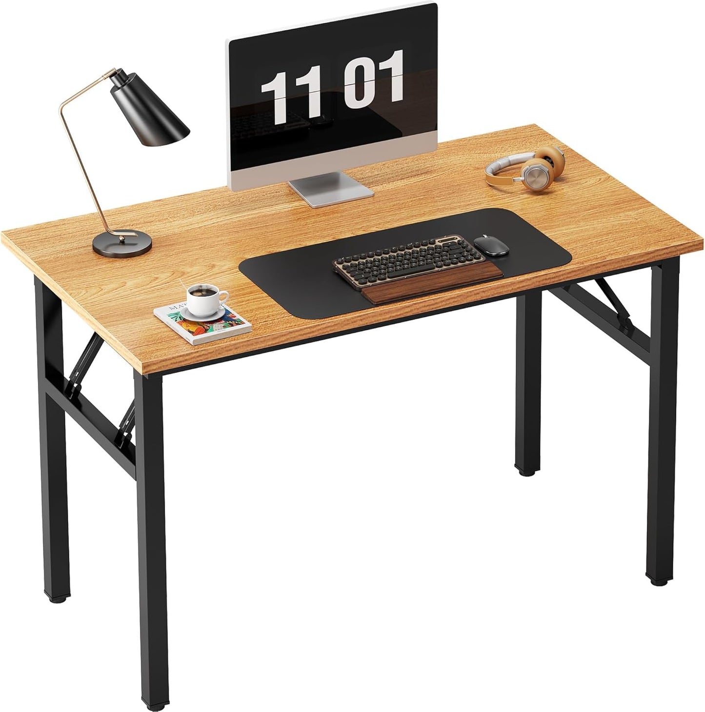 Need Folding Computer Desk - 39.4 Inch Foldable Office Writing Work Study Kids Student Teacher Home Bedroom Table for Small Space, Teak & Black