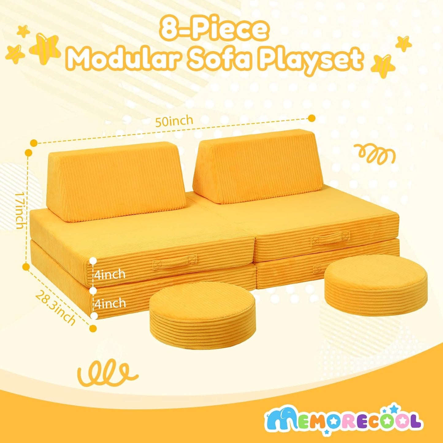 MeMoreCool Kids Couch for Playroom, Corduroy Convertible Toddler Couch, 8 Piece Modular Play Sofa, Foam Fort Building Set for Child Room Furniture, Yellow