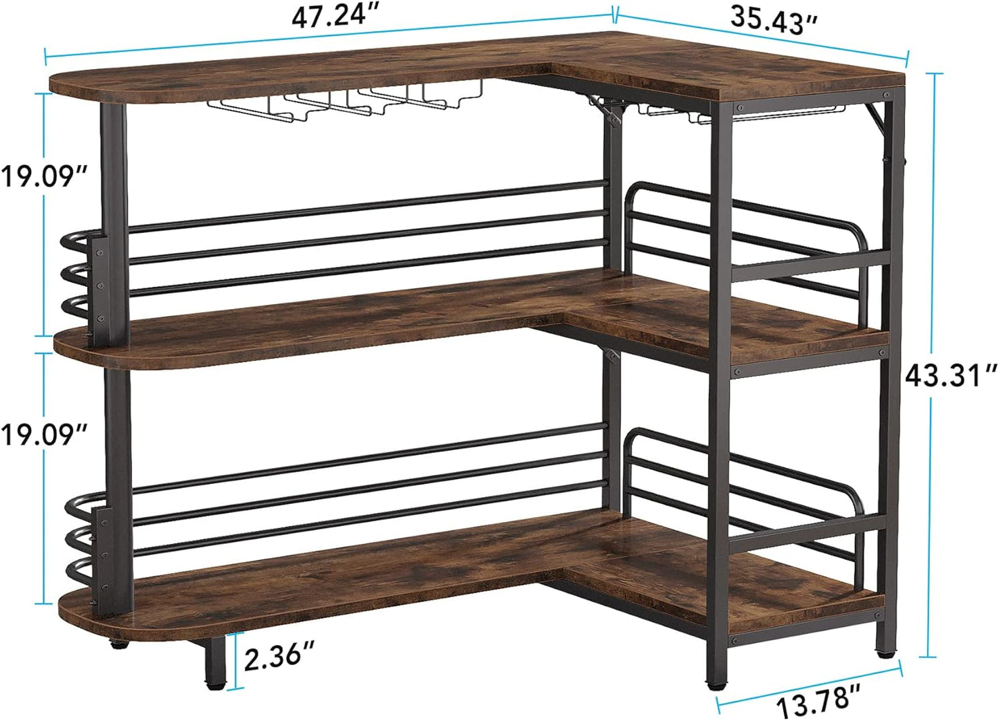 Tribesigns L-Shaped Home Bar Unit, 3 Tier Liquor Table With Storage Shelves and Wine Glasses Holder, Industrial Corner Wine Cabinet Mini Bar for Home Kitchen Pub, Rustic Brown
