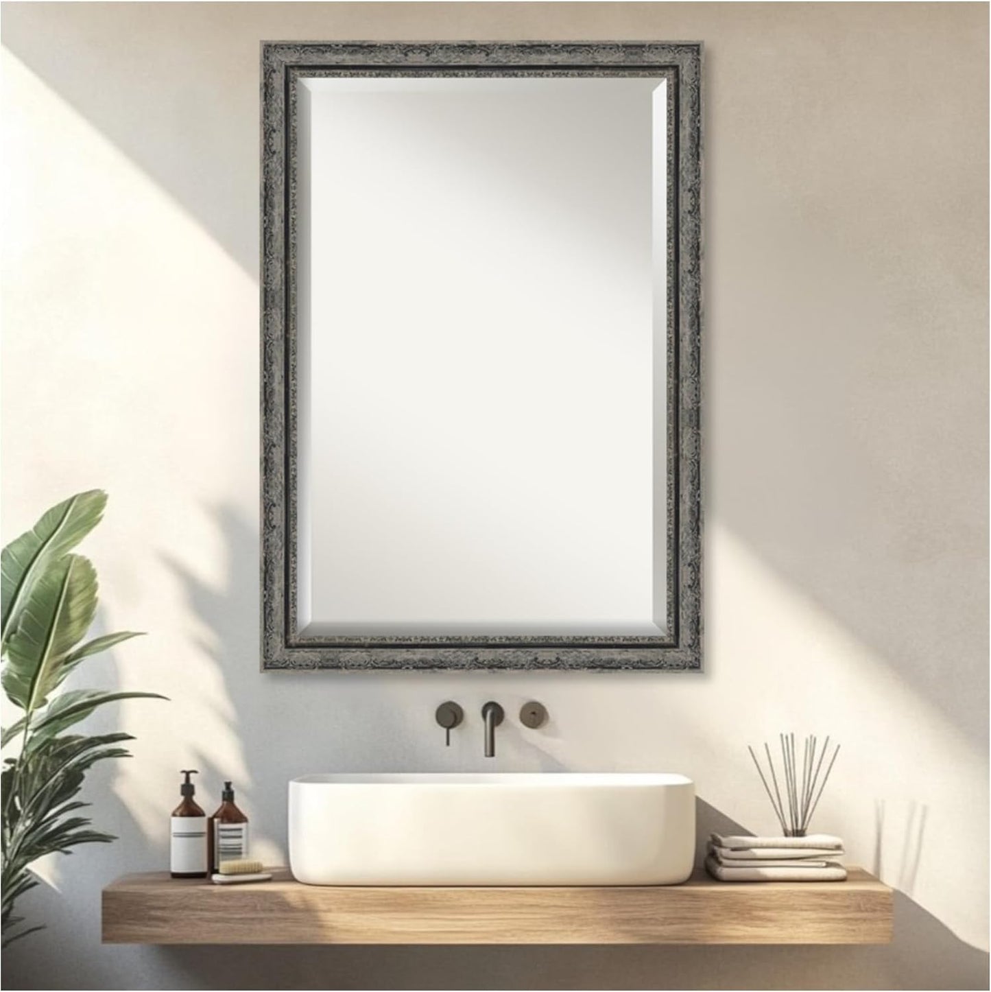 Amanti Art Bathroom Mirror for Over Sink, 29x41 Filigree Matte Black Rectangle Vanity Mirror, Large Traditional Frame, Hangs Horizonally and Vertically, Bathroom Wall Decor, Beveled Edge