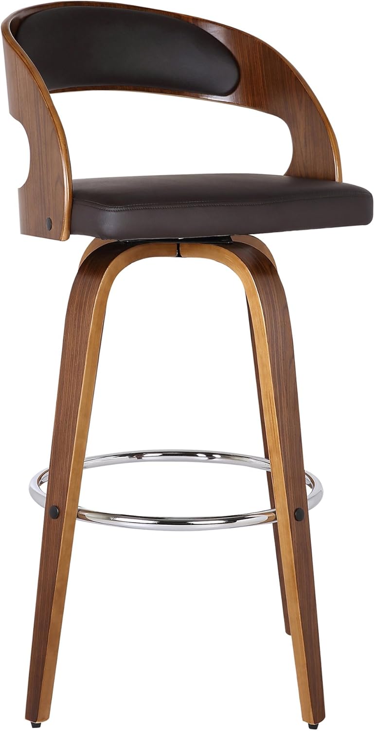 Armen Living Shelly 30" Bar Height Swivel Brown Faux Leather and Walnut Wood Bar Stool - Set of 2
