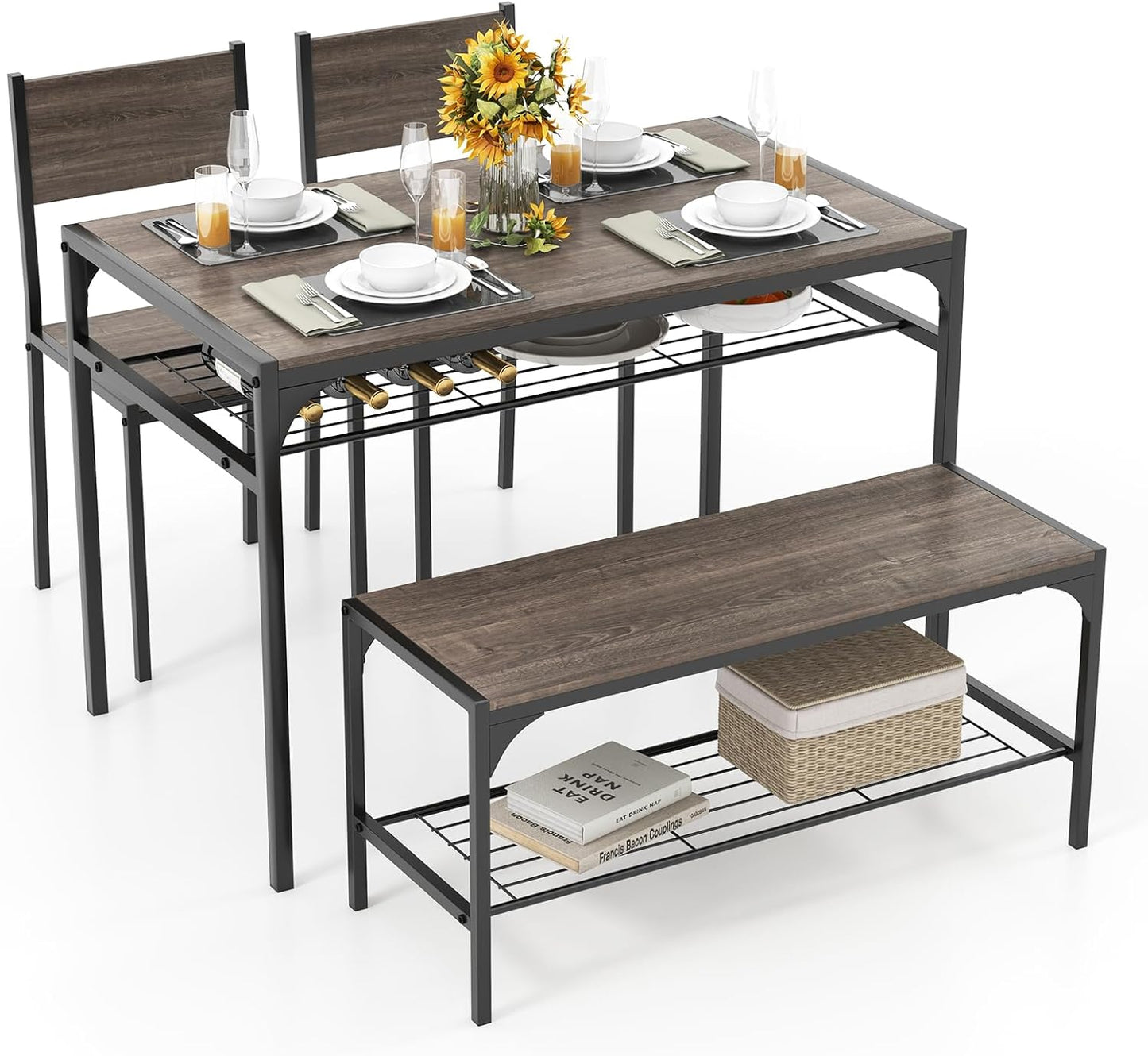 Tangkula Dining Table Set for 4, Kitchen Table and 2 Chairs for 4 with Bench, Additonal Storage Rack, 4 Piece Dining Table Set for Small Space, Apartment
