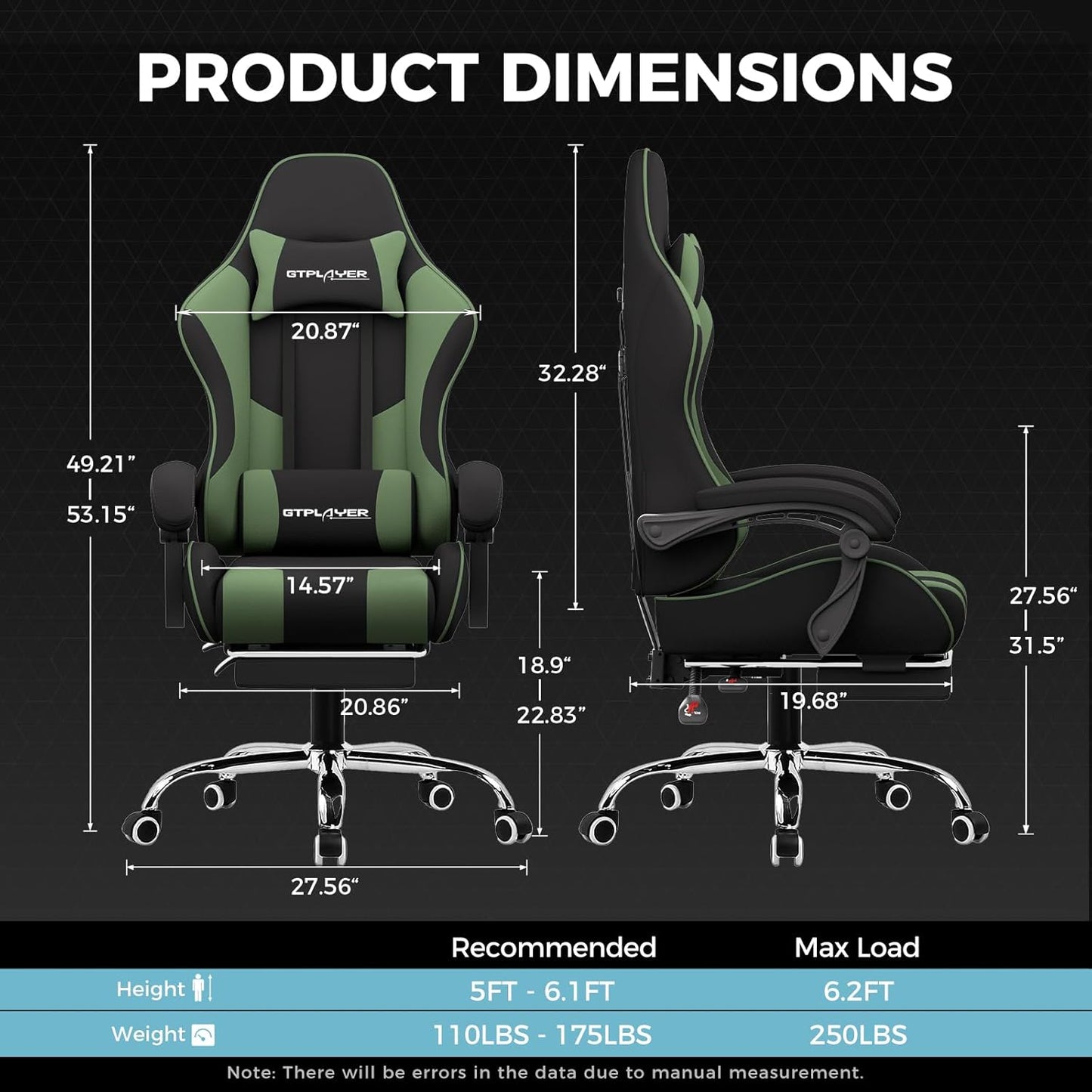 GTPLAYER Gaming Chair, Computer Chair with Footrest and Lumbar Support, Height Adjustable Game Chair with 360°-Swivel Seat and Headrest and for Office or Gaming (Green, Fabric)