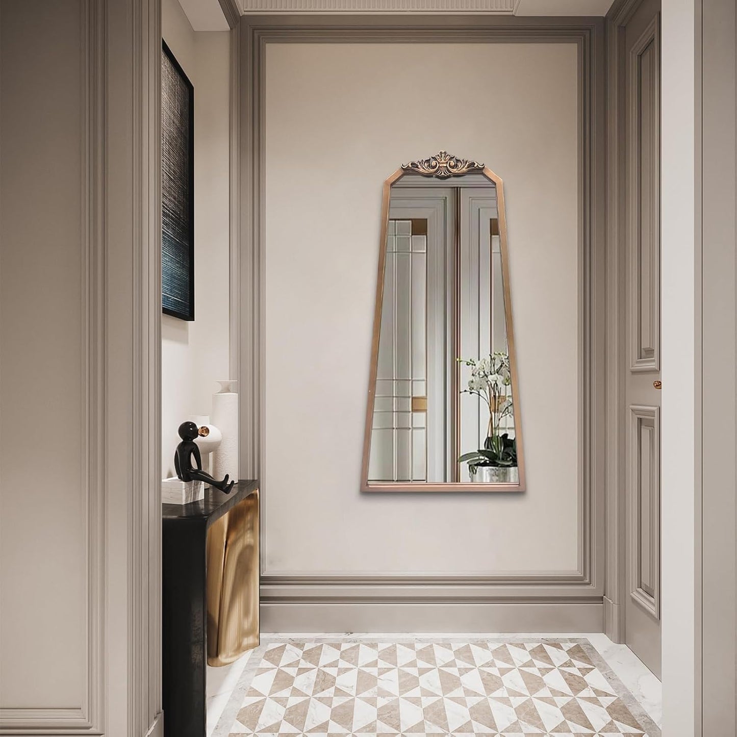 POZINO Brass Vintage Mirror,47.2"x 24" Arched Decorative Wall Mirror with Metal Frame, Ornate Gold Crown Molding, Traditional Antique Trapezoid Mirrors for Entryway Fireplace Living Room Bathroom