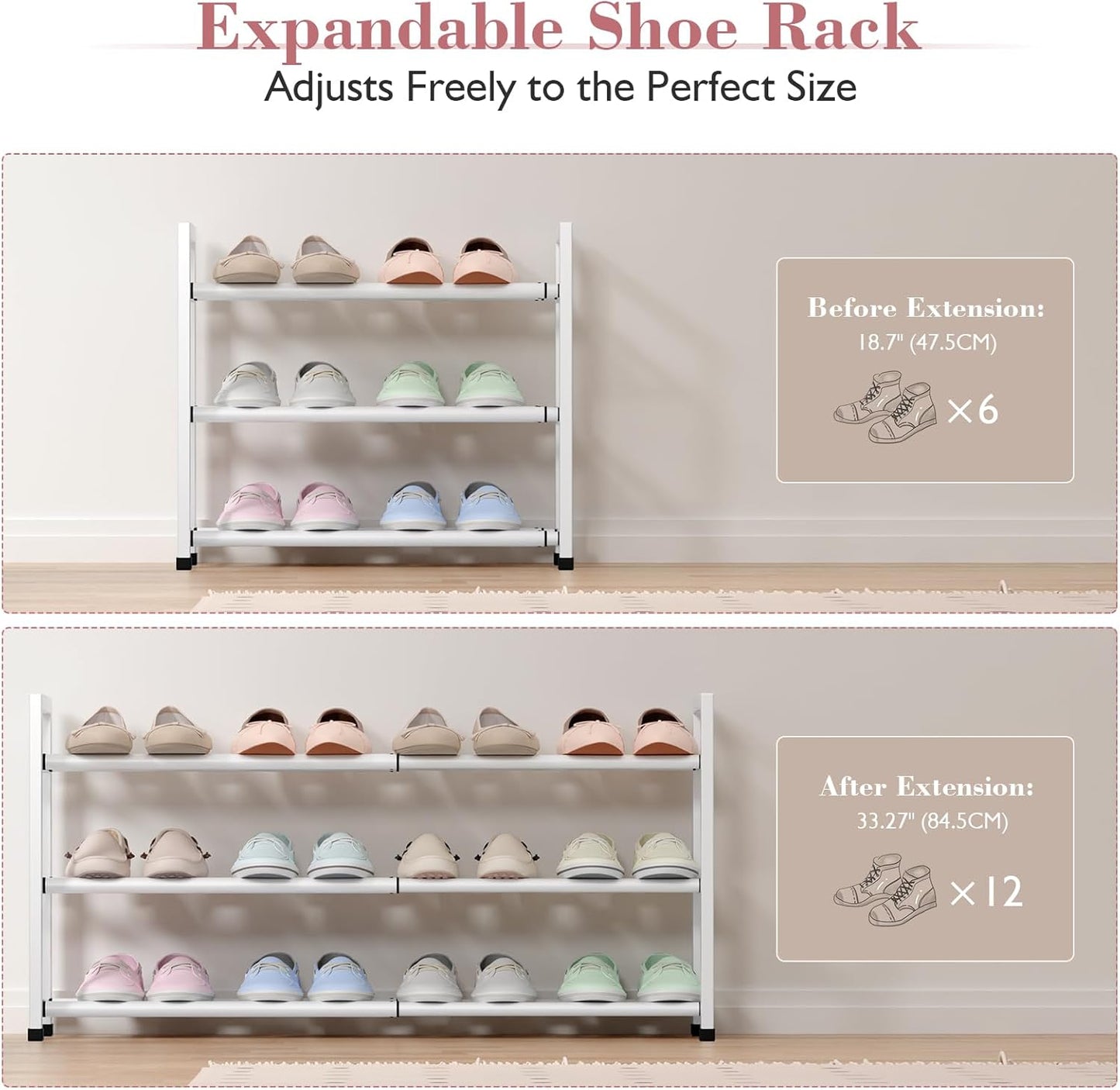 Bumusty 3-Tier Expandable Shoe Rack for Closet, 18“-33” Adjustable Shoe Rack for Small Space, Small Shoe Organizer for Front Door, Sturdy Metal, White