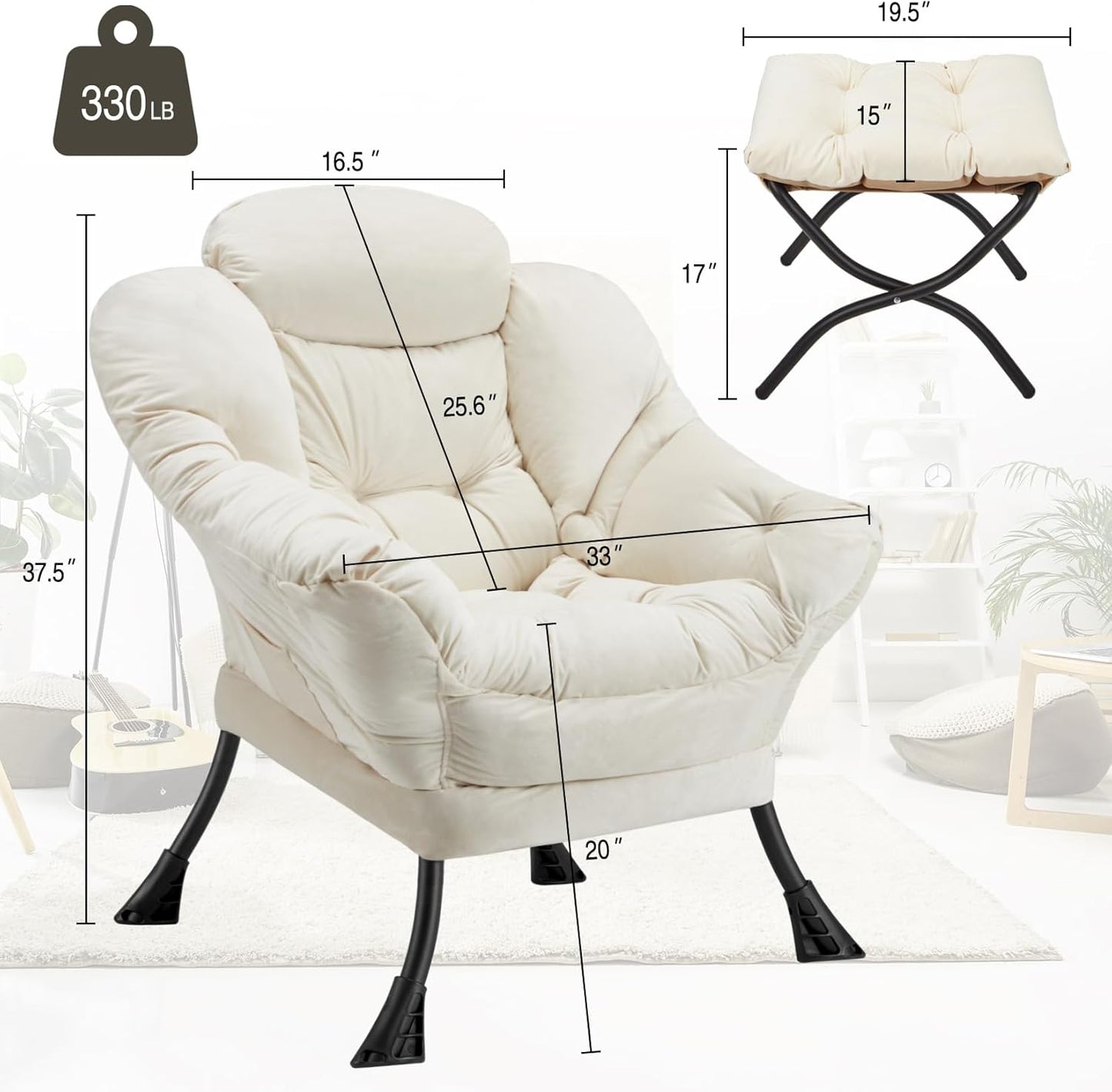 Lazy Chair with Folding Ottoman Modern Large Accent Chair,Contemporary Lounge Leisure Sofa Chair with Armrests Upholstered Sofa Armchair Reading Chair for Bedroom,Dorm & Office (Beige-f)