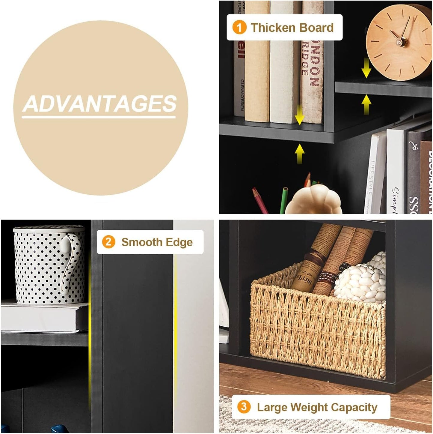 VECELO 3-Cube Bookshelf, Fits Tallest Hardcovers, Horizontal Available, Modern Bookcase, Cubby Storage Organizer for Small Space, Bedroom, Living Room,Black