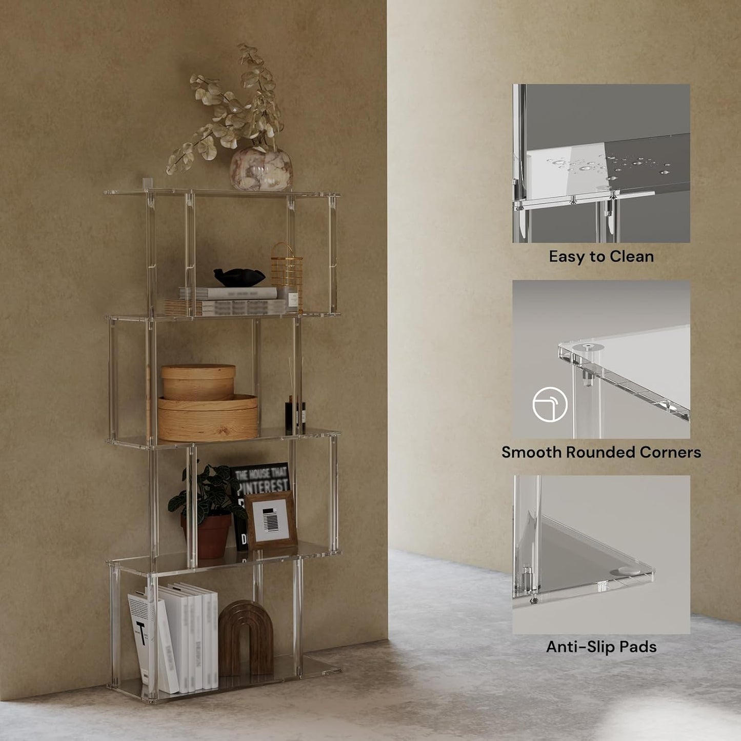 Acrylic Geometric Bookshelf, 5-Tier Clear S Shaped Bookcase, Modern, Unique Book Shelf for Living Room, Bedroom, Office, 9.3" D x 22.4" W x 49.2" H, Easy Assembly