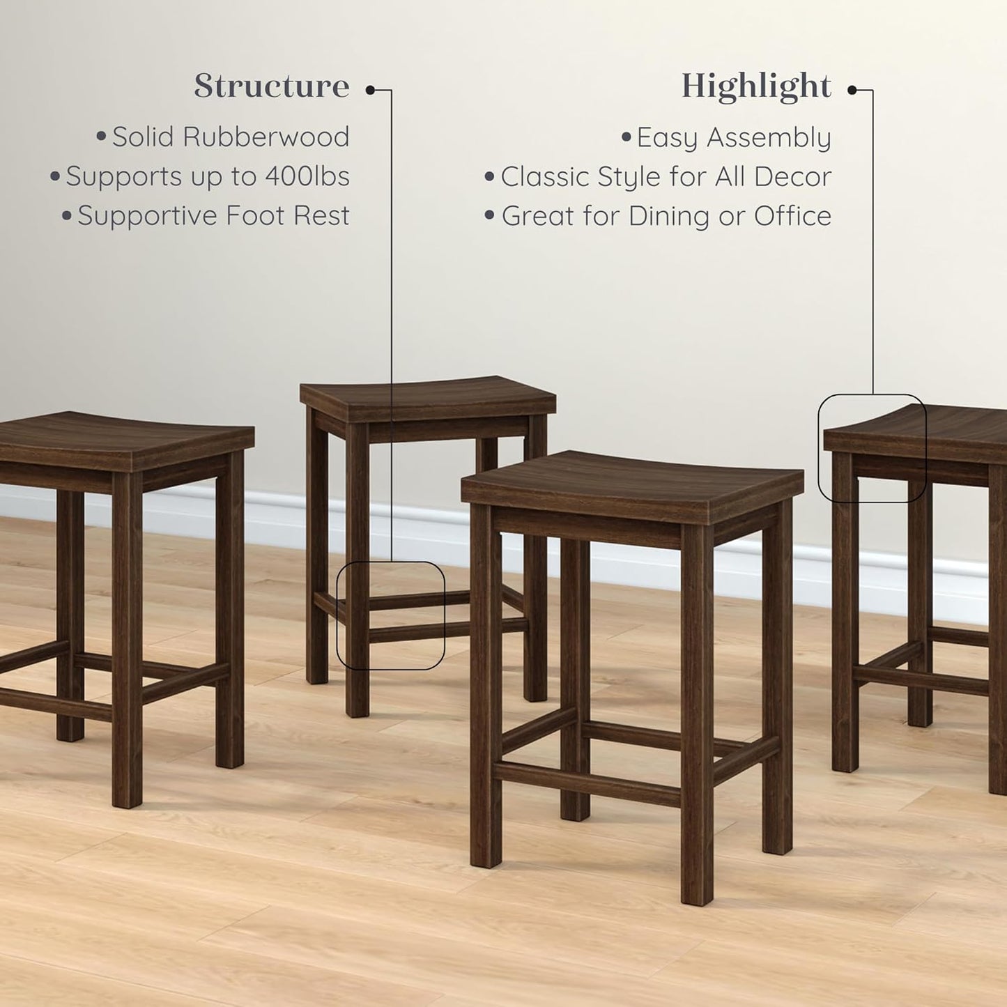 Grain & Grove Smith Collection Set of 4 Solid Wood Counter Height Bar Stools, 24-Inch Saddle Seat Backless Stools, Ideal for Kitchen Island, Dining, or Home Bar Seating, Walnut